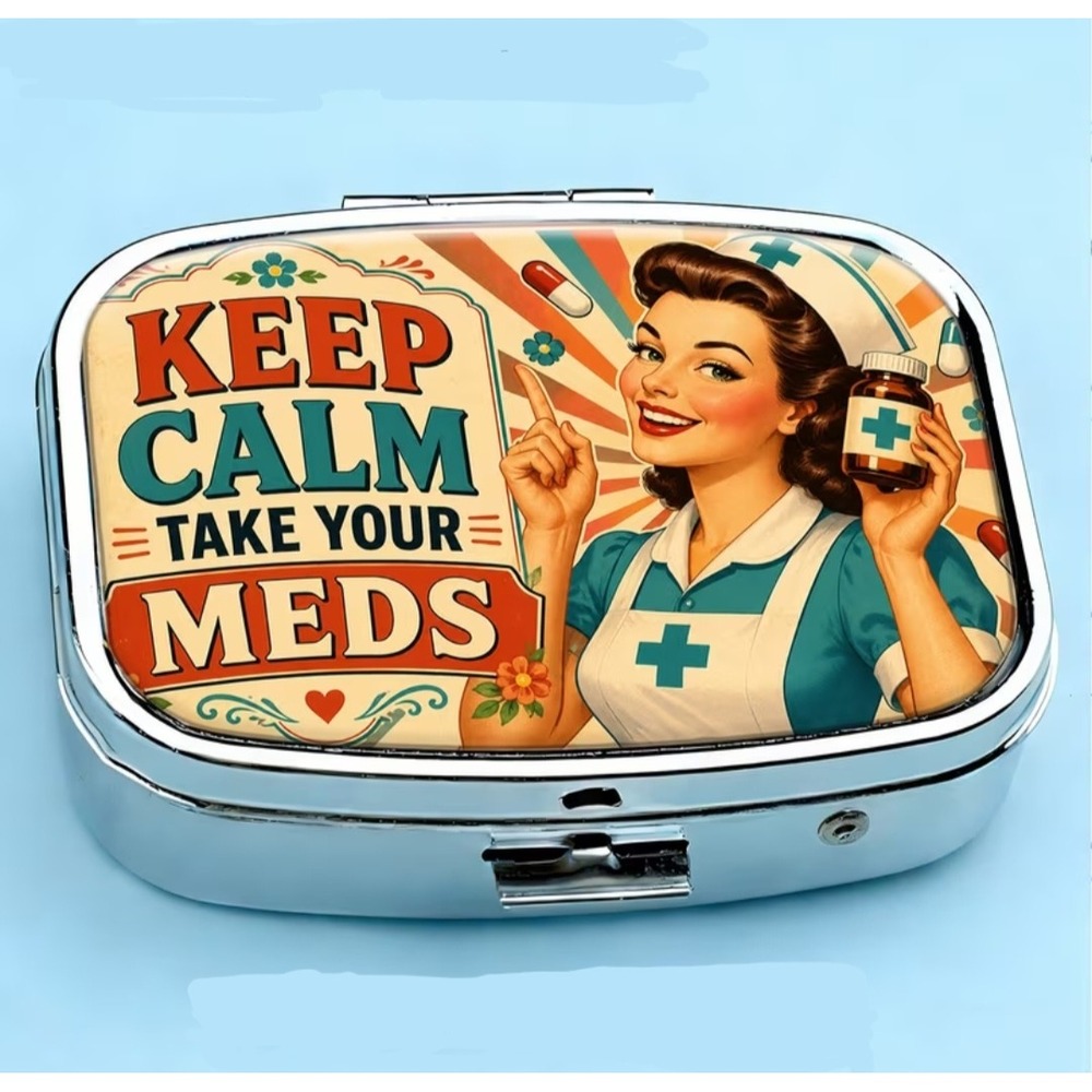 Retro Keep Calm Take Your Meds Pill Box Case 2 Compartment Mirror Vintage Nurse